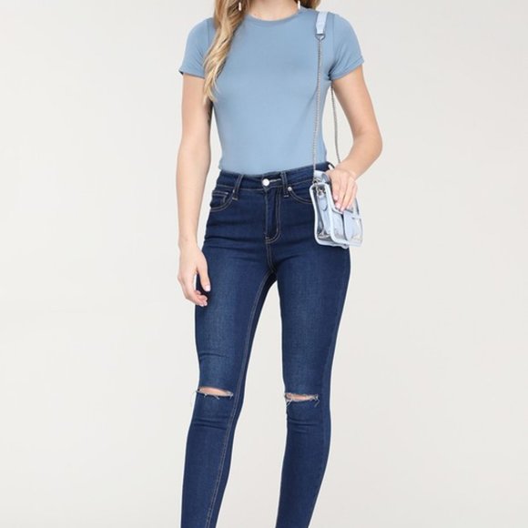 Round Neck Short Sleeve BodySuit, Blue Denim - Picture 2 of 9